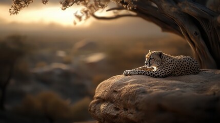 Obraz premium A serene cheetah lounging on a rocky outcrop at sunset, surrounded by a blurred background of nature, This captivating image is perfect for wildlife documentaries, nature magazines