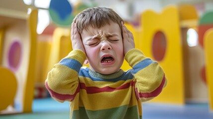 Upset autistic boy covering his ears in distress and overwhelmed by loud noises in preschool, struggling with sensory overload and seeking comfort in a noisy classroom environment