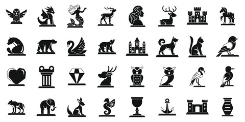 Ice sculpture icons set. Set of heraldic figurines showcasing animals, objects, and mythical creatures in silhouette style