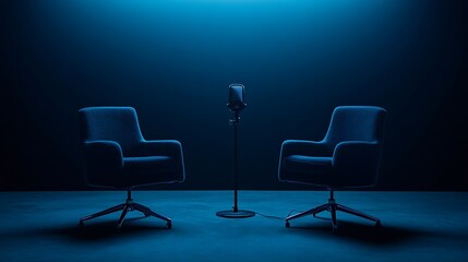 Fototapeta premium A minimalist setup with two chairs and a microphone, suggesting an interview or discussion.