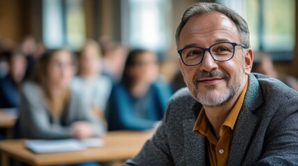Fototapeta premium A Smiling Man with Glasses and a Grey Beard in a Room Full of People