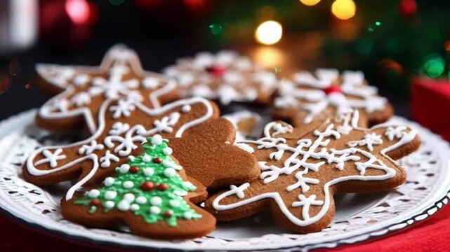 Christmas gingerbread cookies decorated with sugar icing are resting on a plate, with warm christmas lights glowing in the background
