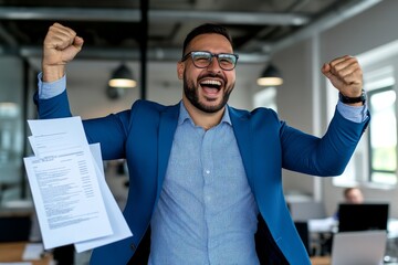 Fototapeta premium Entrepreneur celebrating the sale of their business, holding documents and shaking hands with a buyer