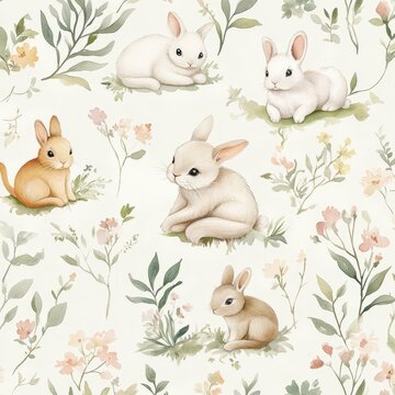 Cute Bunny Pattern with Floral Elements