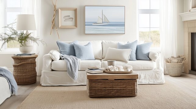 A cozy living room featuring a white sofa with blue accents and nautical decor, surrounded by natural light in a beach house