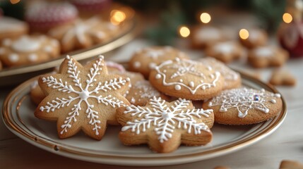 A plate of decorated Christmas cookies, gingerbread cookies covered in a dusting of white sugar set against an elegant table setting. 