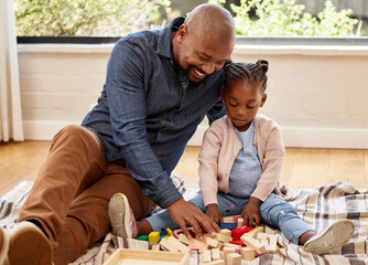 Family, education and building blocks with father teaching daughter on floor of living room. Kid, growth and toys for child development with black man and girl in home lounge for play bonding