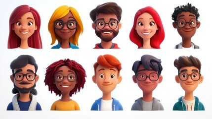 Smiling People Closeup Portrait Set Cute Cartoon Businessman Male and Female Avatars Multi-ethnic Man and Woman Faces Isolated on White Background