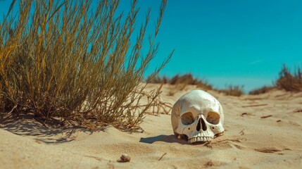 Obraz premium Weathered Skull on Coastal Desert Dune with Grass under Dramatic Skyscape
