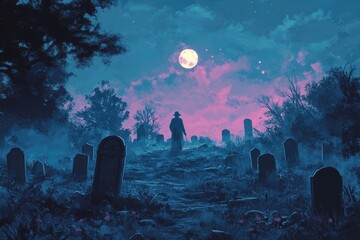 Obraz premium A lone figure walks through a graveyard under a full moon