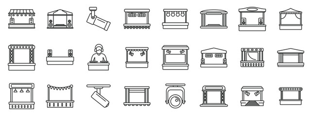 Outdoor music festival stage icons set. This set of icons depicts various types of stages and booths, featuring lighting, sound systems, and other equipment commonly used for concerts, festivals