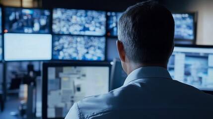 A man in a white shirt sits in front of a wall of monitors in a dimly lit room.