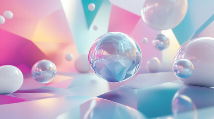 Abstract background with iridescent spheres and geometric shapes.
