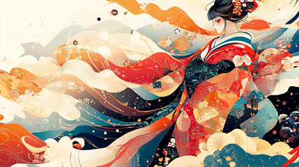 A beautiful woman in a colorful kimono stands against a background of abstract shapes and swirling colors.