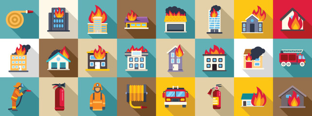 Fototapeta premium Burning building icons set. Fire in building icon set, flat style, with firemen, fire trucks, fire extinguisher, hydrant and different types of burning houses