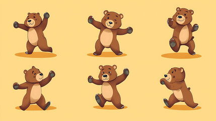Fototapeta premium Brown cartoon bears in various poses, like walking, standing, and jumping.