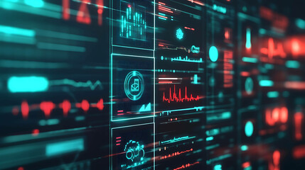 Obraz premium Abstract digital interface with glowing blue and red lines and icons.