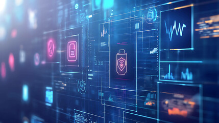 Futuristic digital interface with security icons and data graphs.