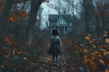 A Girl Walks Towards a House in a Dark Forest
