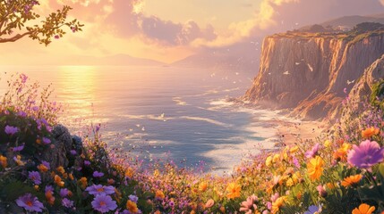 Serene Coastal Landscape with Vibrant Wildflowers at Sunset