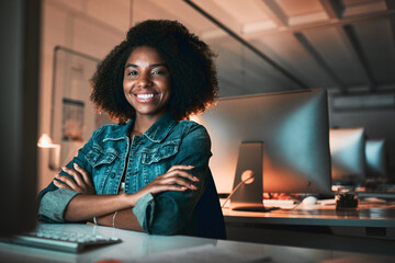 Confident, black woman and creativity in dark office for portrait, happy and excited for...
