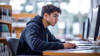 Obraz premium Young Man Using Computer in Library Setting