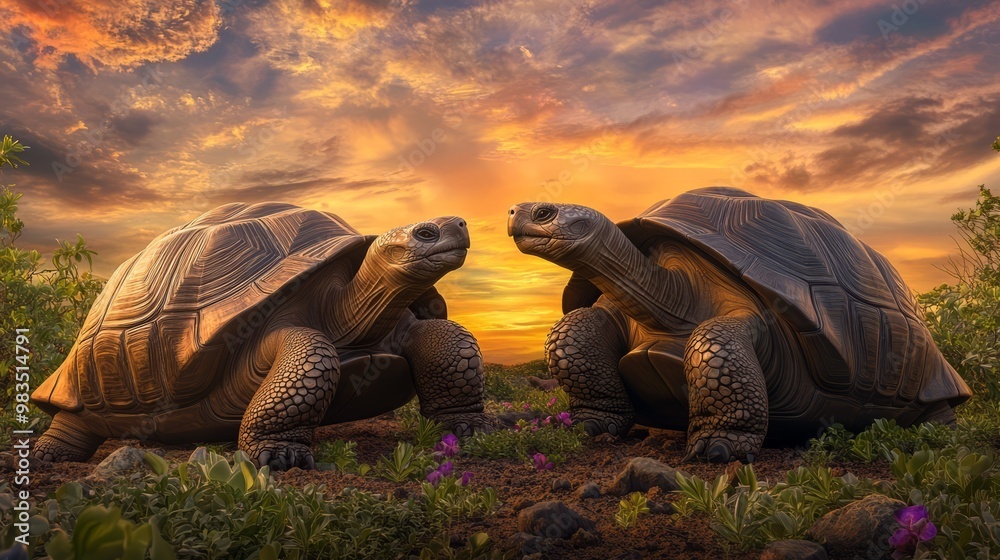 Wall mural two turtles in a dramatic sunset landscape