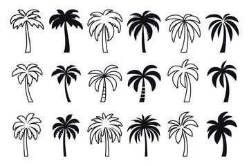 Vector Monochrome Hand-Drawn Palm Tree Icon Set. Single Color Palm Illustrations for Cutting, Tattoo Designs. Minimalist Palm Art, Design Elements. Palm Tree Clipart, Vector Illustration © gomolach