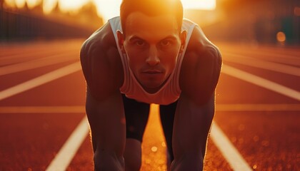 Determined athlete in starting position on a running track at sunset