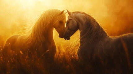 Romantic Encounter of Horses in Golden Sunset