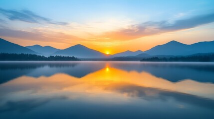 Fototapeta premium Serene Sunset Reflection Over Mountains and Water