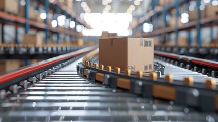 Cardboard Box on Conveyor Belt in Modern Warehouse with Industrial Shelving and Bright Lighting