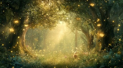 Enchanted Forest with Glowing Fireflies and Sunlight