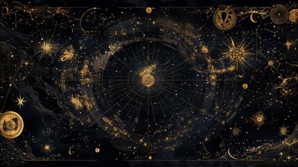 Starry Night Sky with Astrological Symbols and Golden Elements