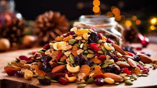 Overflowing mix of nuts and dried fruit on a wooden board, perfect for christmas. Enhanced by warm lighting and festive decorations, creating a holiday spirit
