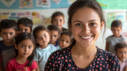 Fototapeta premium Smiling Teacher Surrounded by Children in a Classroom