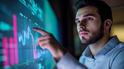 Obraz premium Man Analyzing Financial Data on a Large Screen