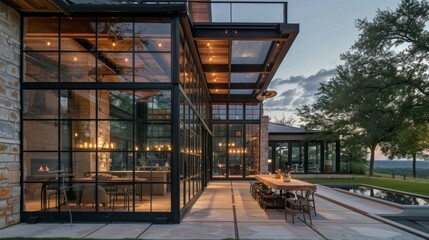 Fototapeta premium Stunning Contemporary Lakefront Home with Elegant Outdoor Patio and Panoramic Views