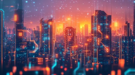 Fototapeta premium Futuristic City Skyline at Sunset with Neon Lights