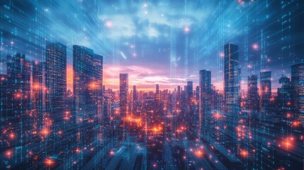 Fototapeta premium Vibrant Cityscape at Dusk with Digital Overlay