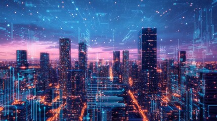 Fototapeta premium Futuristic Cityscape at Dusk with Digital Overlay