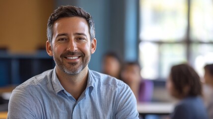 Obraz premium Portrait of a Smiling Man in a Blue Plaid Shirt