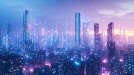 Fototapeta premium Futuristic Cityscape at Dusk with Neon Lights