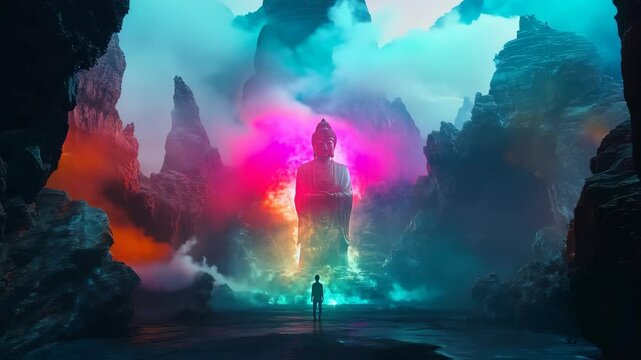 Person Standing Before Colossal Buddha Statue in Mystical Landscape