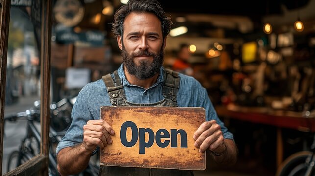 A bearded man in casual workwear, standing in front of his bicycle repair shop, holds up a vintage “Open” sign, signaling the start of the business day