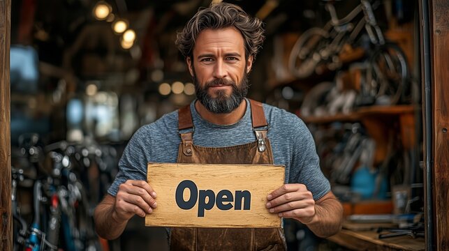 A bearded man in casual workwear, standing in front of his bicycle repair shop, holds up a vintage “Open” sign, signaling the start of the business day