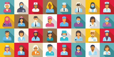 Obraz premium Doctor avatars icons set. Diverse group of healthcare workers are representing medical staff in a modern and inclusive way