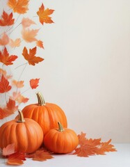 Naklejka premium A fall-themed still life featuring three bright orange pumpkins surrounded by autumn leaves on a white surface, symbolizing the harvest season and autumn celebrations.