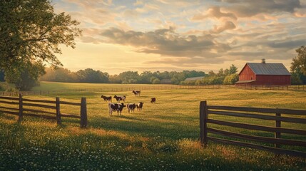 Obraz premium Serene Countryside Farm with Cows at Sunset
