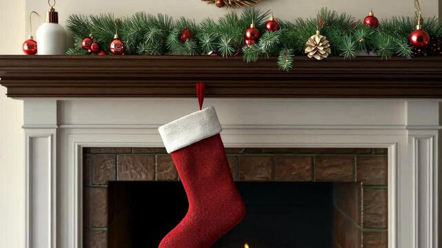 Cozy holiday setting with a red stocking hanging above a warm fireplace decorated for Christmas